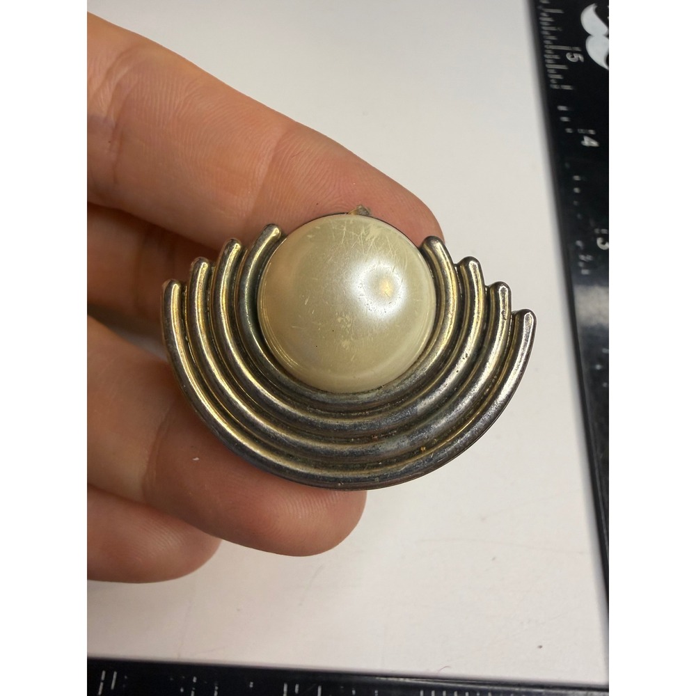 Vintage Art Deco Fan Brooch Faux Pearl Silver Tone Geometric Pin Pendant